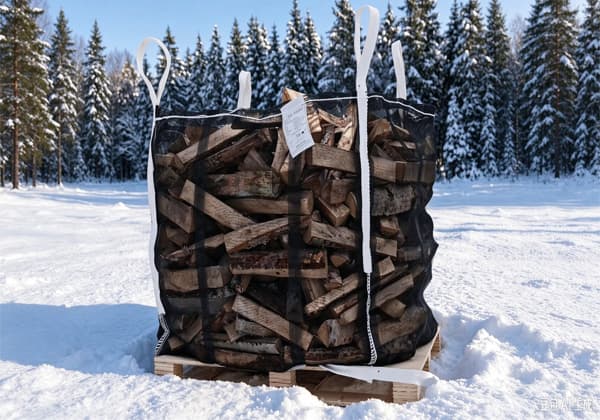 Ventilated FIBC loaded with firewood, with airflow panels on the body