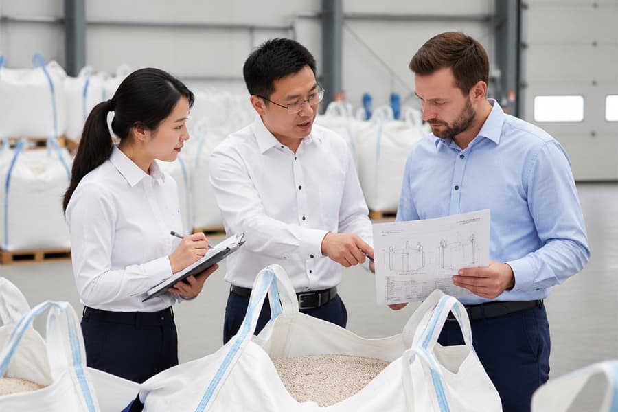 Engineers discussing FIBC bulk bag specifications with a customer