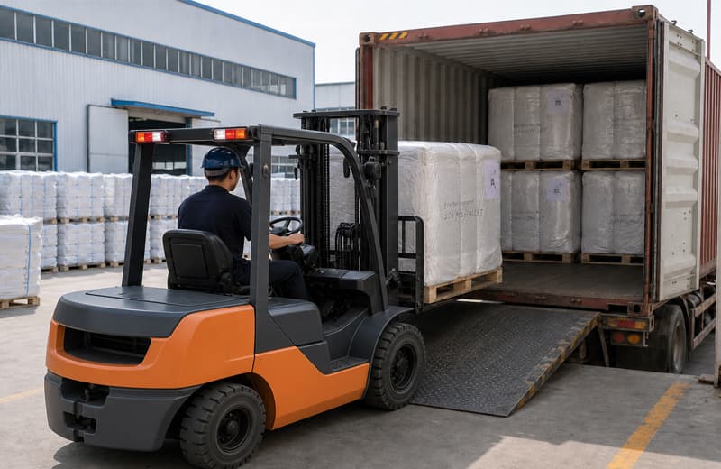 Baled FIBCs on pallets in the QINFENG dispatch warehouse ready for export container loading