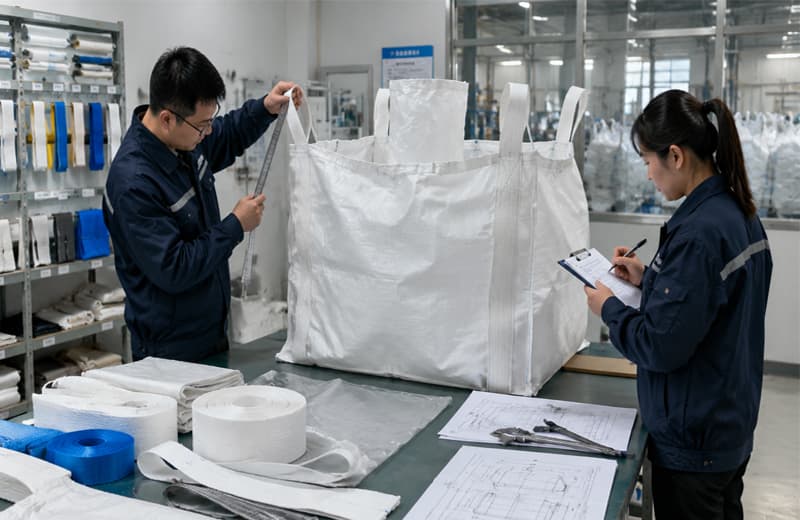 QINFENG engineers testing FIBC woven fabric and lifting-loop strength in the research and development lab