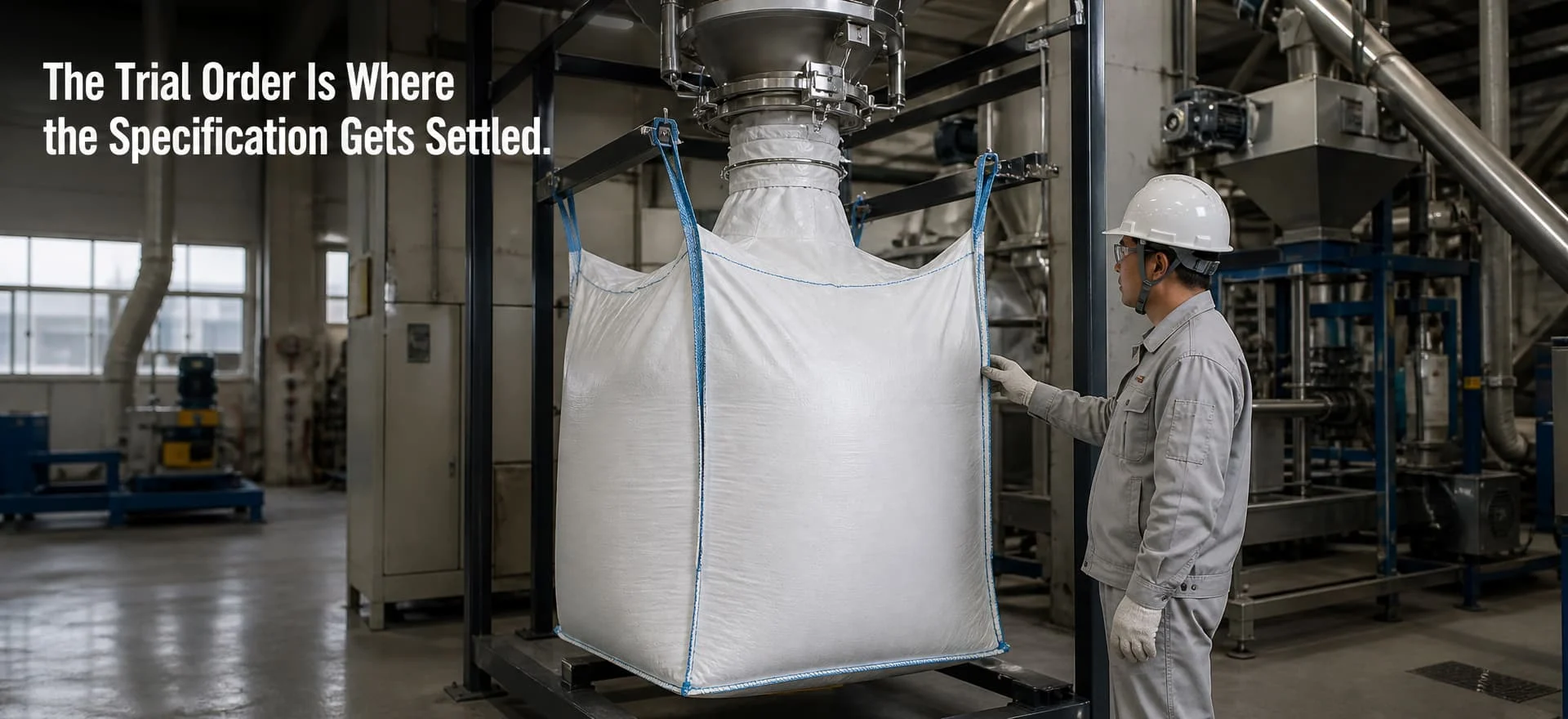 Rows of white woven FIBC bulk bags lined up inside the production hall