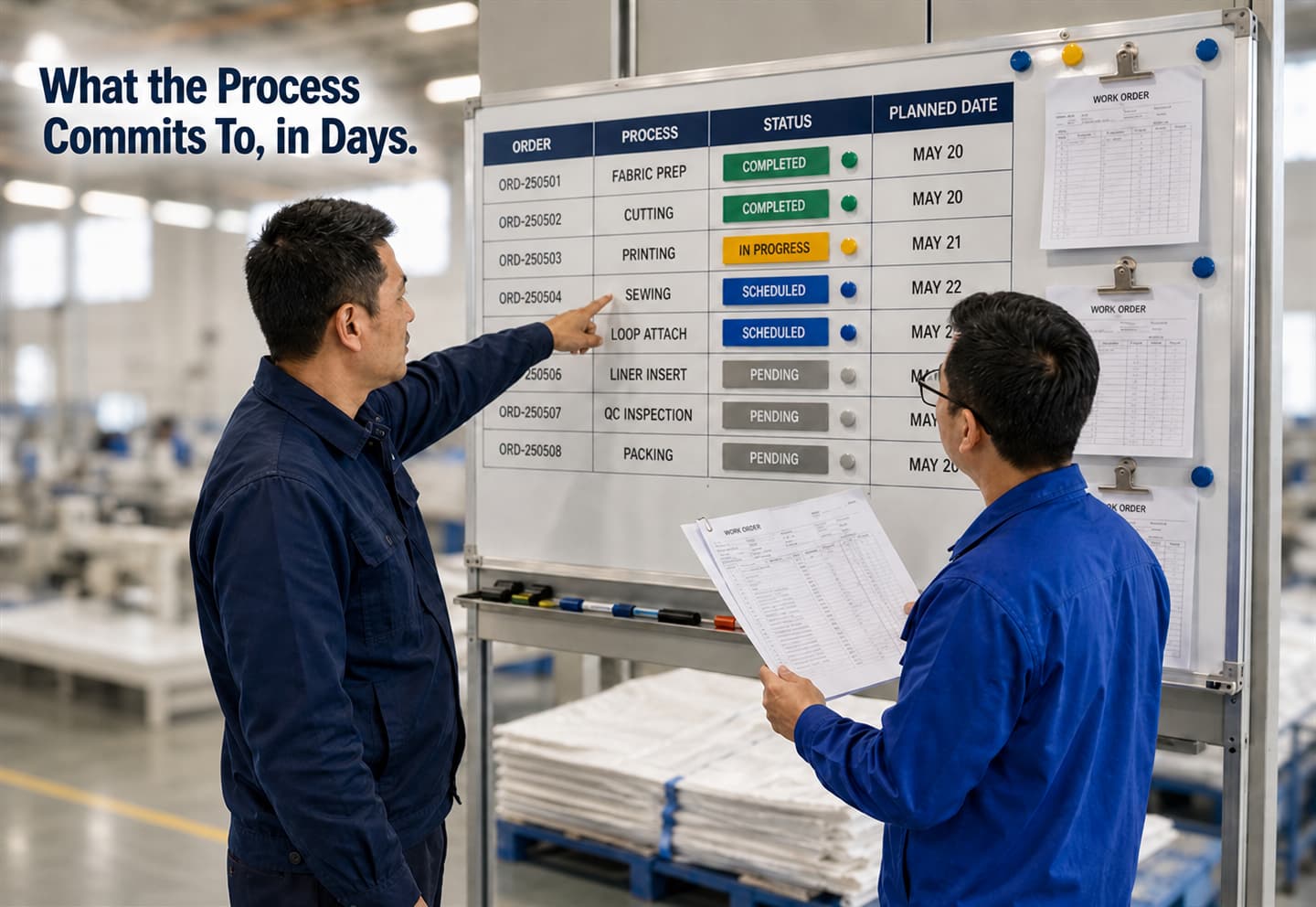 Production schedule board showing the process timeline in days