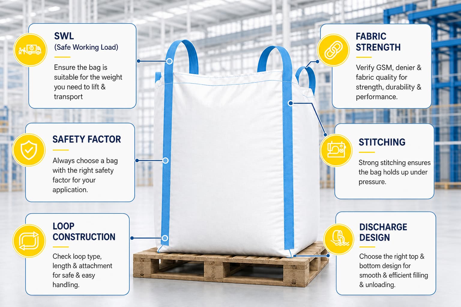 Custom FIBC bulk bag built to customer specification, showing the configured lifting loops, body panels and discharge spout