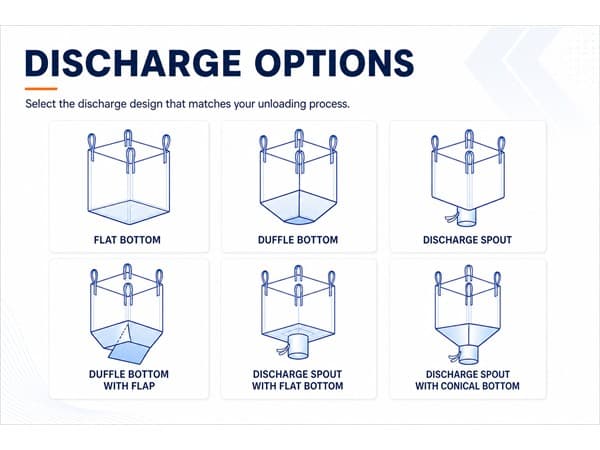 FIBC discharge options: star-cover spout, full drop bottom, flat base and safety rip-cord