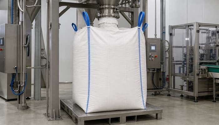 FIBC filling station dosing fine powder into a bulk bag with a dust-controlled spout and sift-proof seams