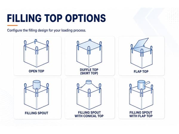 FIBC filling inlet options: filling spout, duffle skirt, open top and conical top