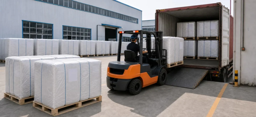QINFENG FIBC bulk bags packed, strapped and container-loaded for export at the plant