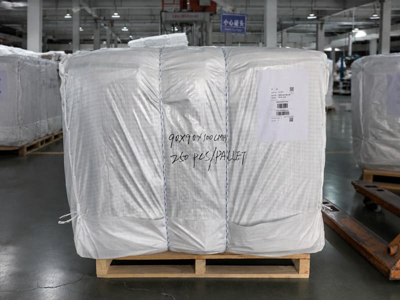 Export bulk bags stacked and strapped on a heat-treated ISPM-15 wooden pallet with corner boards and stretch wrap