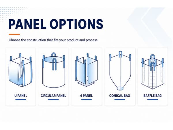FIBC body structure options: tubular, U-panel, four-panel and baffle bag constructions