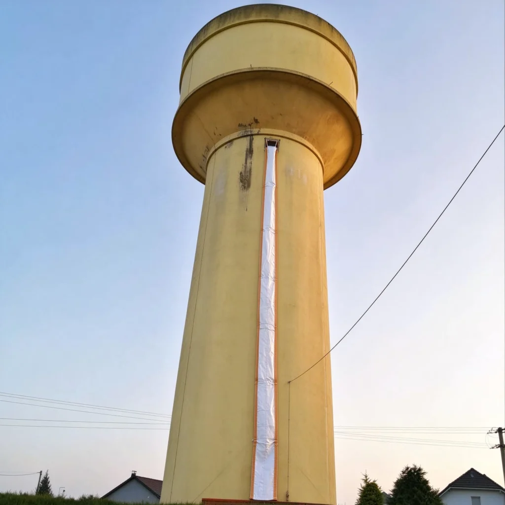 PP rubble chute in position at a water tower site, hung on its camel webbing strap