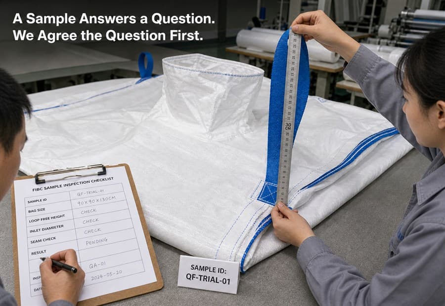 A made-to-order FIBC sample checked against its specification sheet